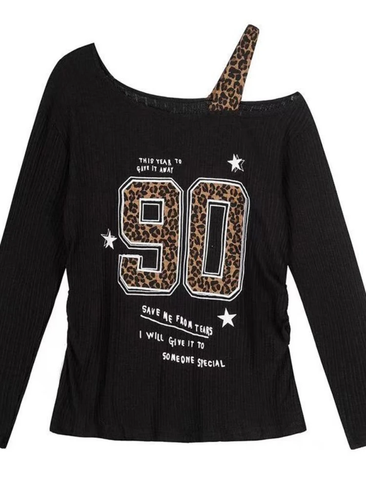 Embroidery Tshirt - Y2K 패치워크 레오파드 프린트 티셔츠 여성
