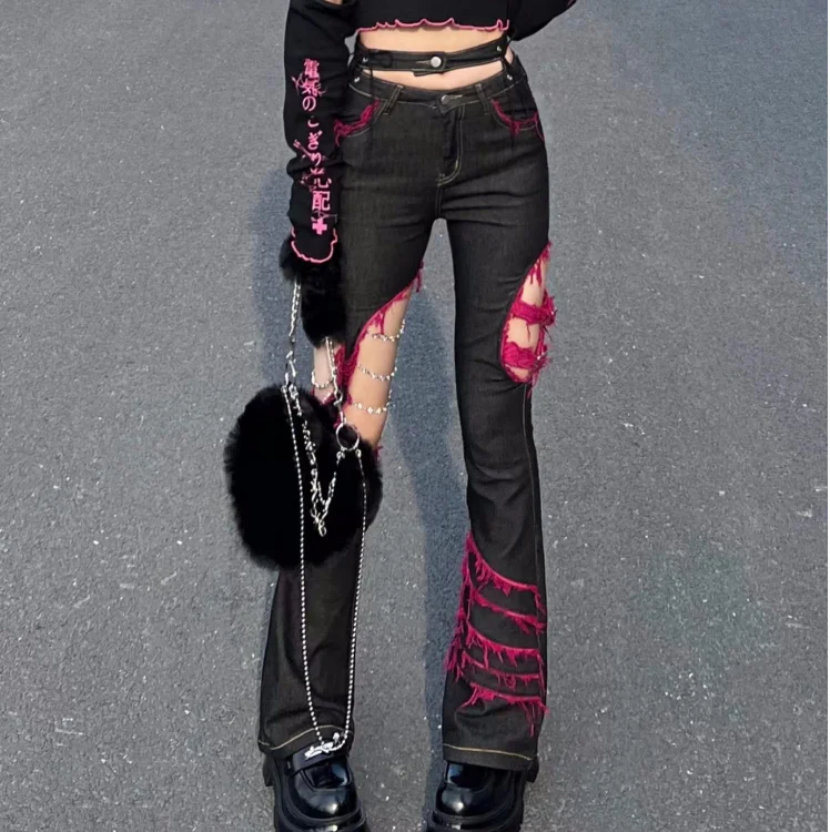 Embroidery Jeans Sakura - 일본 펑크 소녀 블랙 청바지, 서브
