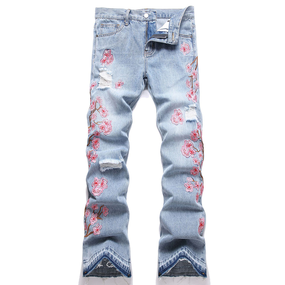 Embroidery Jeans Sakura - 남성 꽃 자수 데님 청바지 streetwear