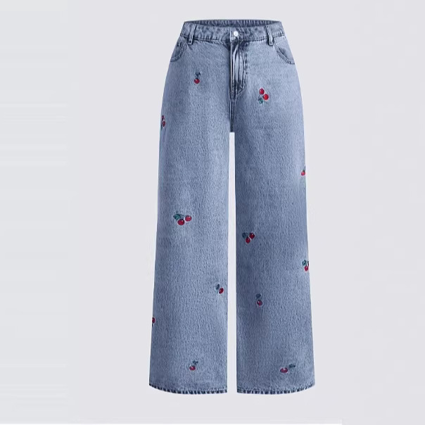 Embroidery Jeans Sakura - 레트로 워싱 데님 청바지 여성용 탄성
