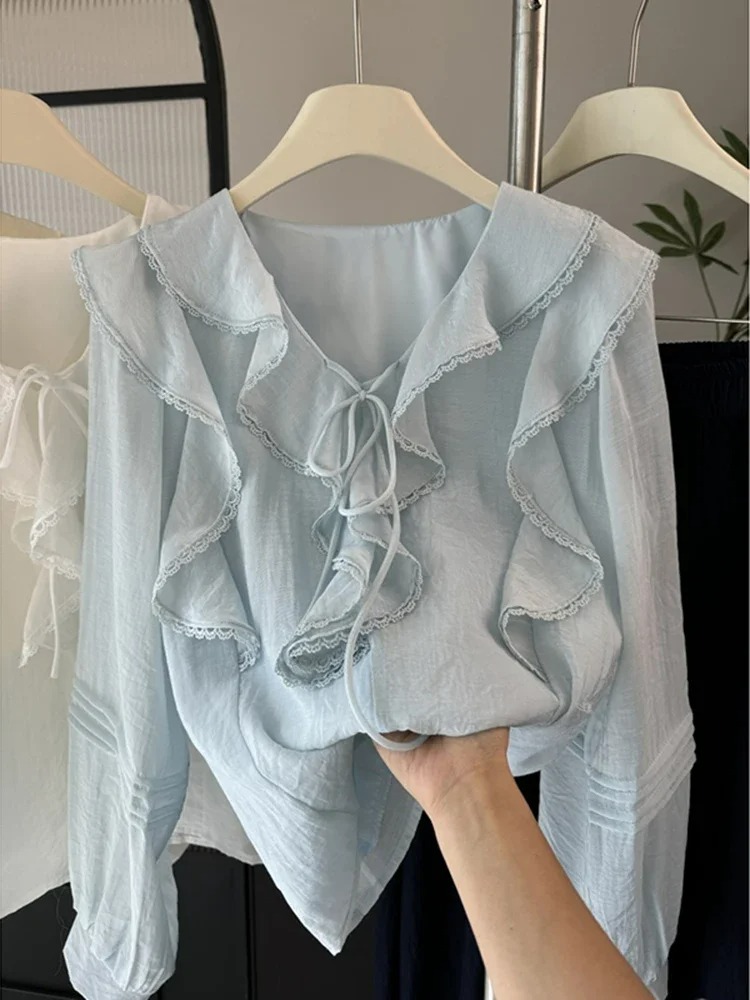 Embroidery Designer - 프렌치 V넥 시크 긴팔 블라우스 여성용