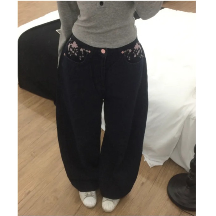 사쿠라 자수 루즈 스카이스 진 캐주얼 하이웨이스트 스트 - Embroidery Jeans Sakura 리뷰 및 가격