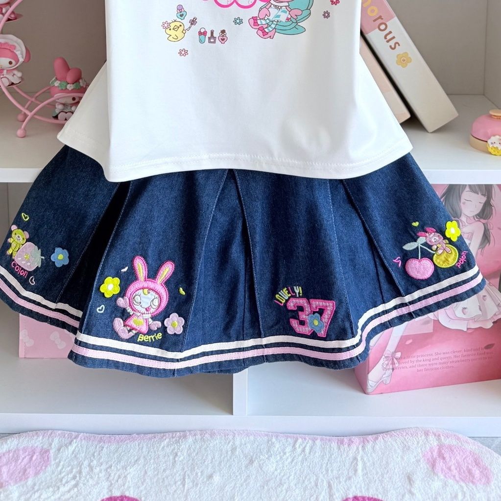 일본풍 스위트 스커트 세트 여름 신상 만화 Mp 프린트 - Embroidery Tshirt 리뷰 및 가격