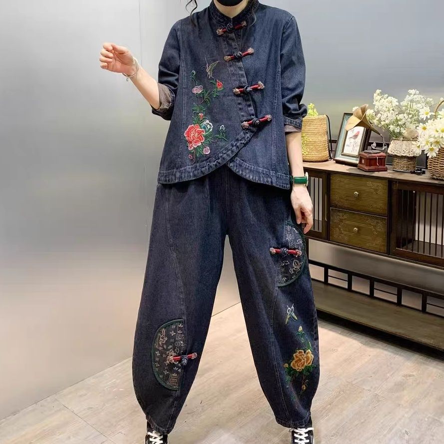 빈티지 단추 느슨한 자수 꽃 데님 패션 세트, 다용도  - Embroidery Cloth 리뷰 및 가격