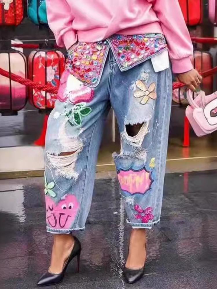 여성용 용수철 꽃 자수 다이아몬드 구슬 구멍 데님 바지 - Embroidery Jeans Sakura 리뷰 및 가격