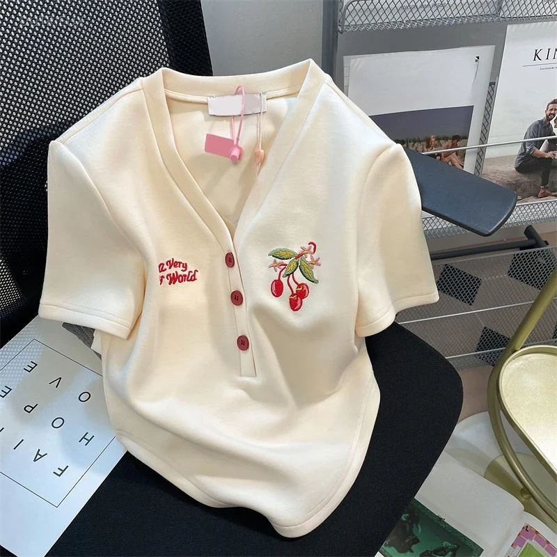 여성용 티셔츠, V넥, 레터링, 체리 자수, 여름용,  - Embroidery Letter 리뷰 및 가격