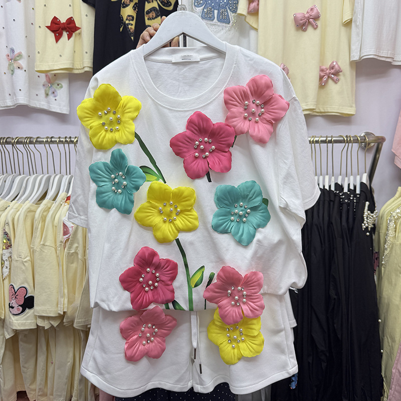 여름 화려한 3D 꽃 티셔츠 진주 비즈 꽃 자수 티셔츠 - Embroidery Tshirt 리뷰 및 가격
