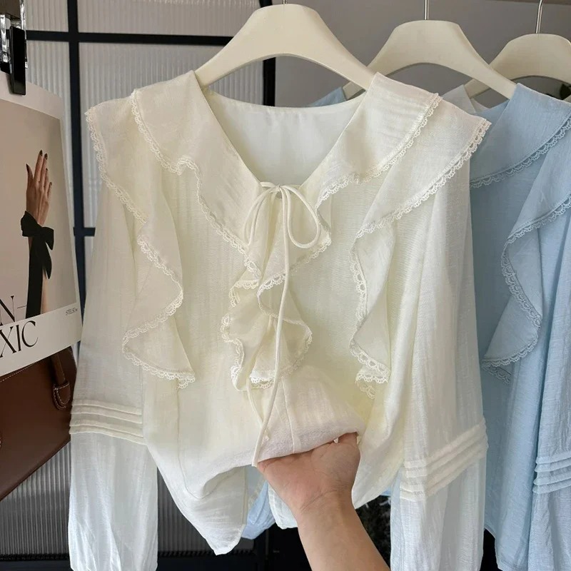 프렌치 V넥 시크 긴팔 블라우스 여성용 봄 여름 러플  - Embroidery Designer 리뷰 및 가격