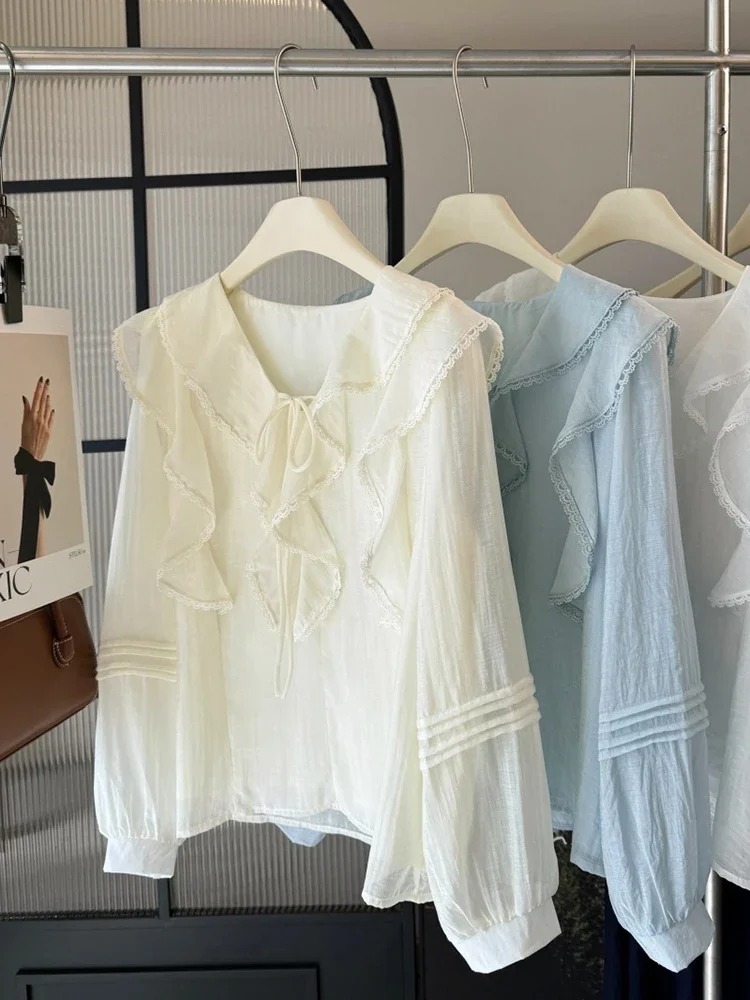 프렌치 V넥 시크 긴팔 블라우스 여성용 봄 여름 러플  - Embroidery Designer 리뷰 및 가격
