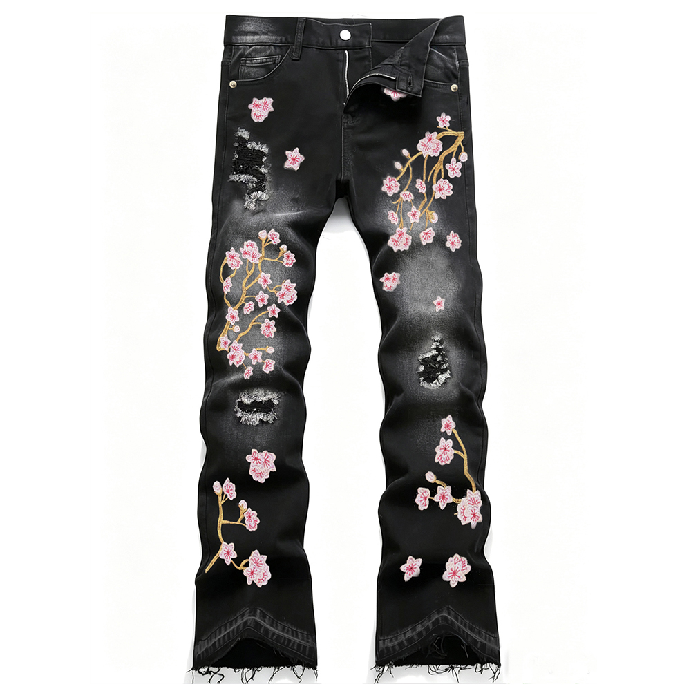 남성 부츠컷 스트레치 데님 진 스트리트웨어 사쿠라 자수 - Embroidery Jeans Sakura 리뷰 및 가격
